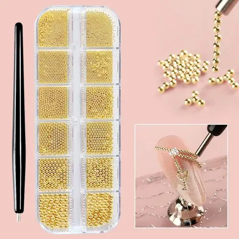 12-Grid Nail Art Beads Set, Includes 1 Magnetic Picker, 3D Metallic Caviar Beads, Mixed Size Metal Nail Gems, Rhinestone Nail Decorations, DIY Nail Art Supplies Nails, Nail Art Products