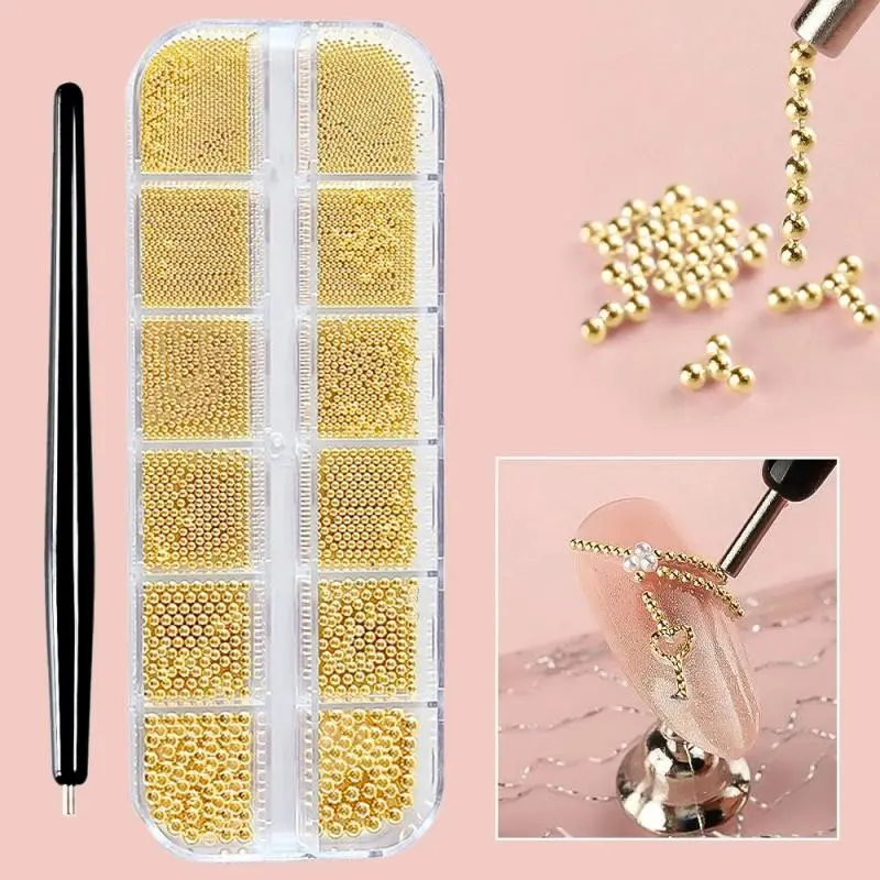 12-Grid Nail Art Beads Set, Includes 1 Magnetic Picker, 3D Metallic Caviar Beads, Mixed Size Metal Nail Gems, Rhinestone Nail Decorations, DIY Nail Art Supplies Nails, Nail Art Products