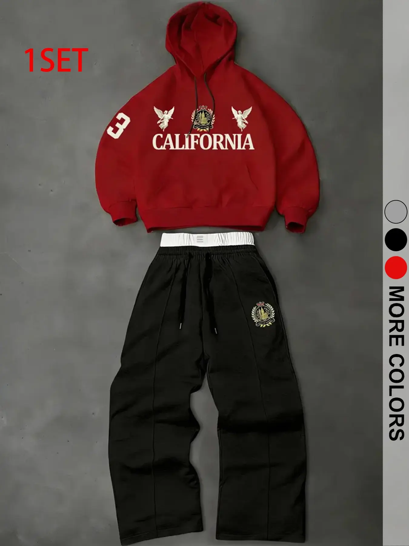American Style Casual Sweatshirt and Pants Set, Chest and Back Badge Letter Print, Trendy for School Season, Perfect for Outdoor Wear