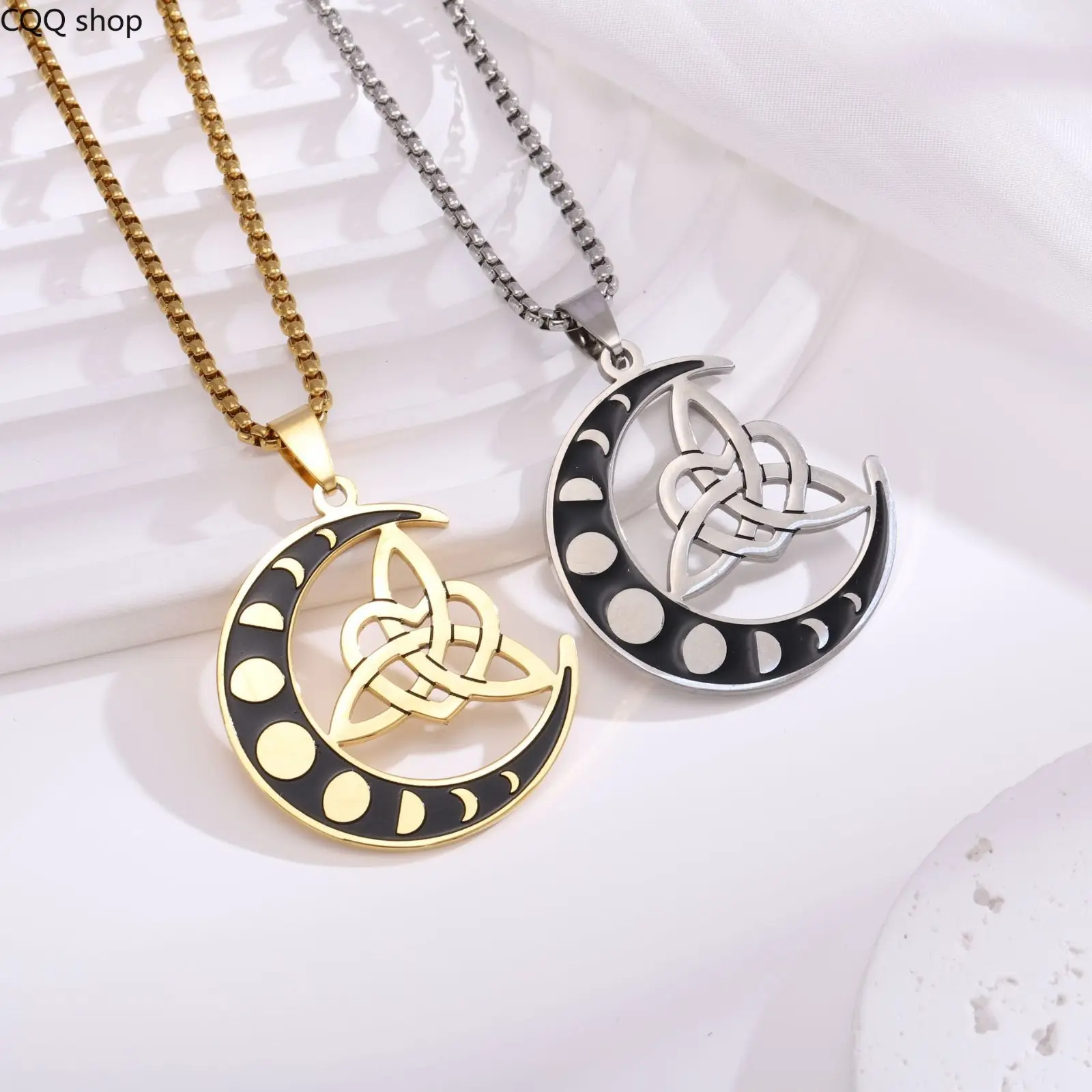 Sun Moon Celtic Knot Stainless Steel Pendant Necklace, Mixed Charm Chain, Unisex Trendy Fashion Jewelry for Daily Street Layering Outfits