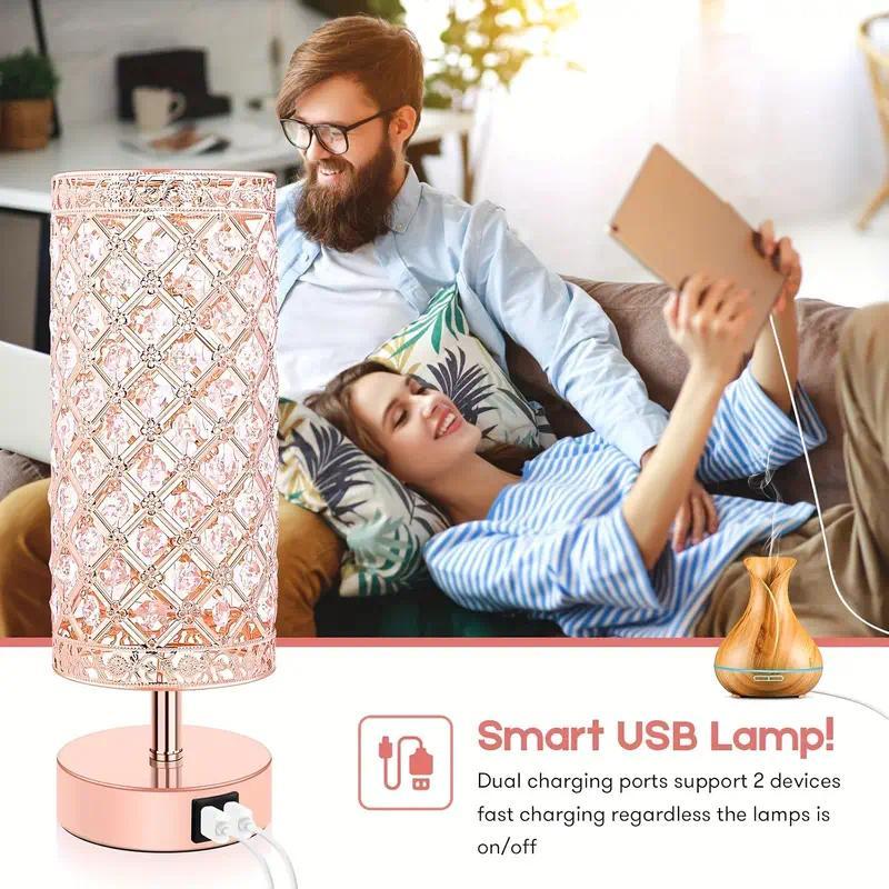 2 Pack/1 Pack Touch Control Crystal Table Lamps With 2 USB Ports, 3-Way Dimmable Bedside Nightstand Lamps With Decorative Crystal, Small Table Lamps For Bedroom Living Room, Office, Led Bulbs Included