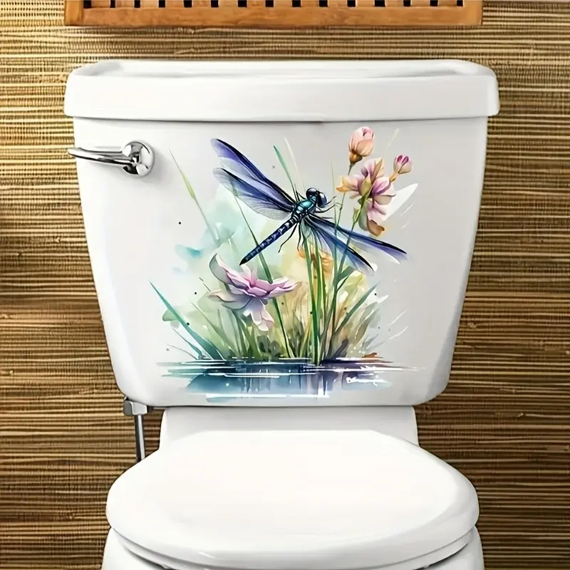 Floral Dragonfly Bathroom Wall Sticker, Home Decoration, PVC Toilet Decor, Elegant Cartoon Style, Vibrant Colors, Natural Inspiration, Ideal for Nature Lovers