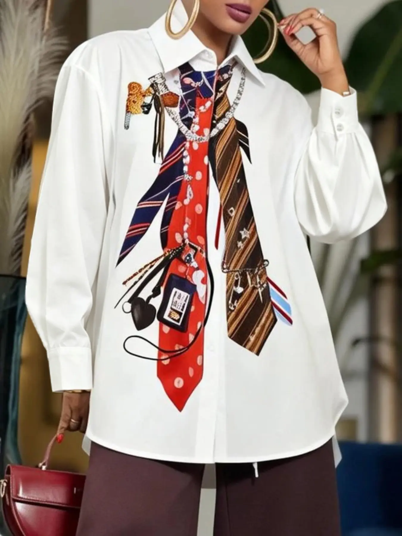Women's Fashion Loose Retro Button Tie Print Flower Turn-Down Collar Long Sleeve Shirt Top, Stylish Casual Wear, Perfect for Daily