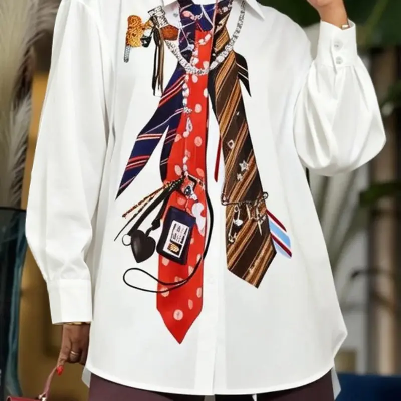 Women's Fashion Loose Retro Button Tie Print Turn-Down Collar Long Sleeve Shirt, Blouse Shirt Top, Stylish Casual Wear, Perfect for Daily Wear