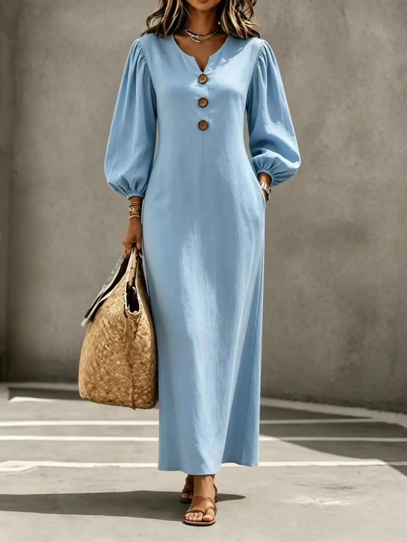 Women's Loose Long Dress with Side Pockets, V-Neck Wooden Button Lantern Sleeve, Solid Color Bohemian Dress, Casual Summer Fashion