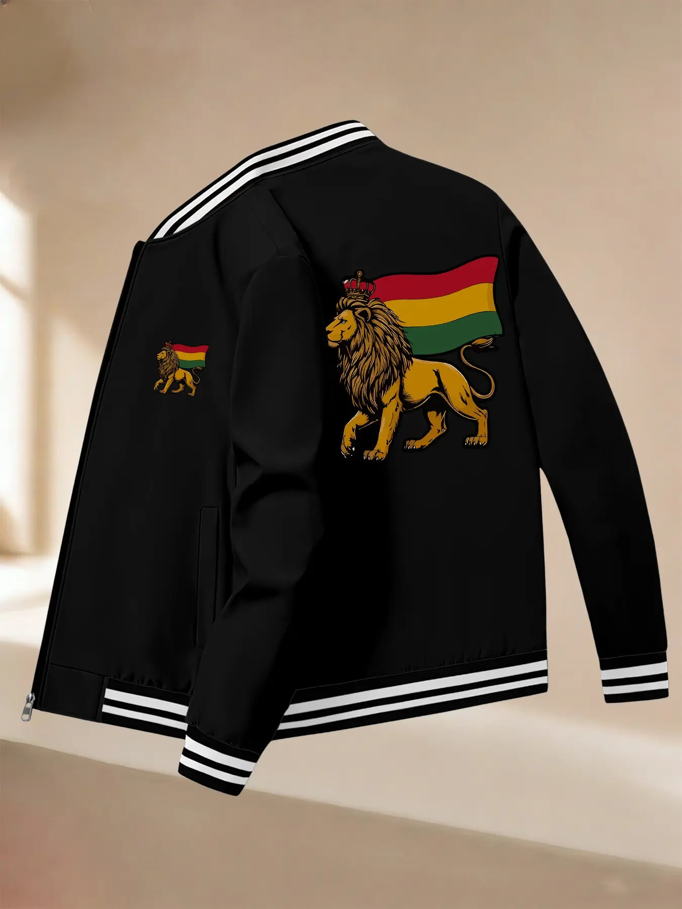 【Black Friday】Men's Sporty Fall Winter Jacket, Reggae Lion King Print, Fashion Casual Business Youth Jacket, Baseball Style Stand Collar, Versatile Ribbed Jacket, Casual Sports Outerwear