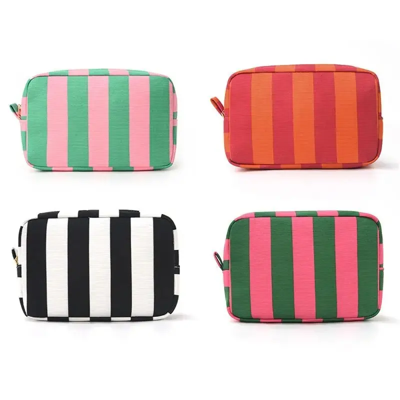 Striped Corduroy Makeup Organizer, Preppy Large-Capacity Zippered Pouch for Travel and Minimalist Toiletry Storage, Makeup Organization, Party, Laces, Elegant