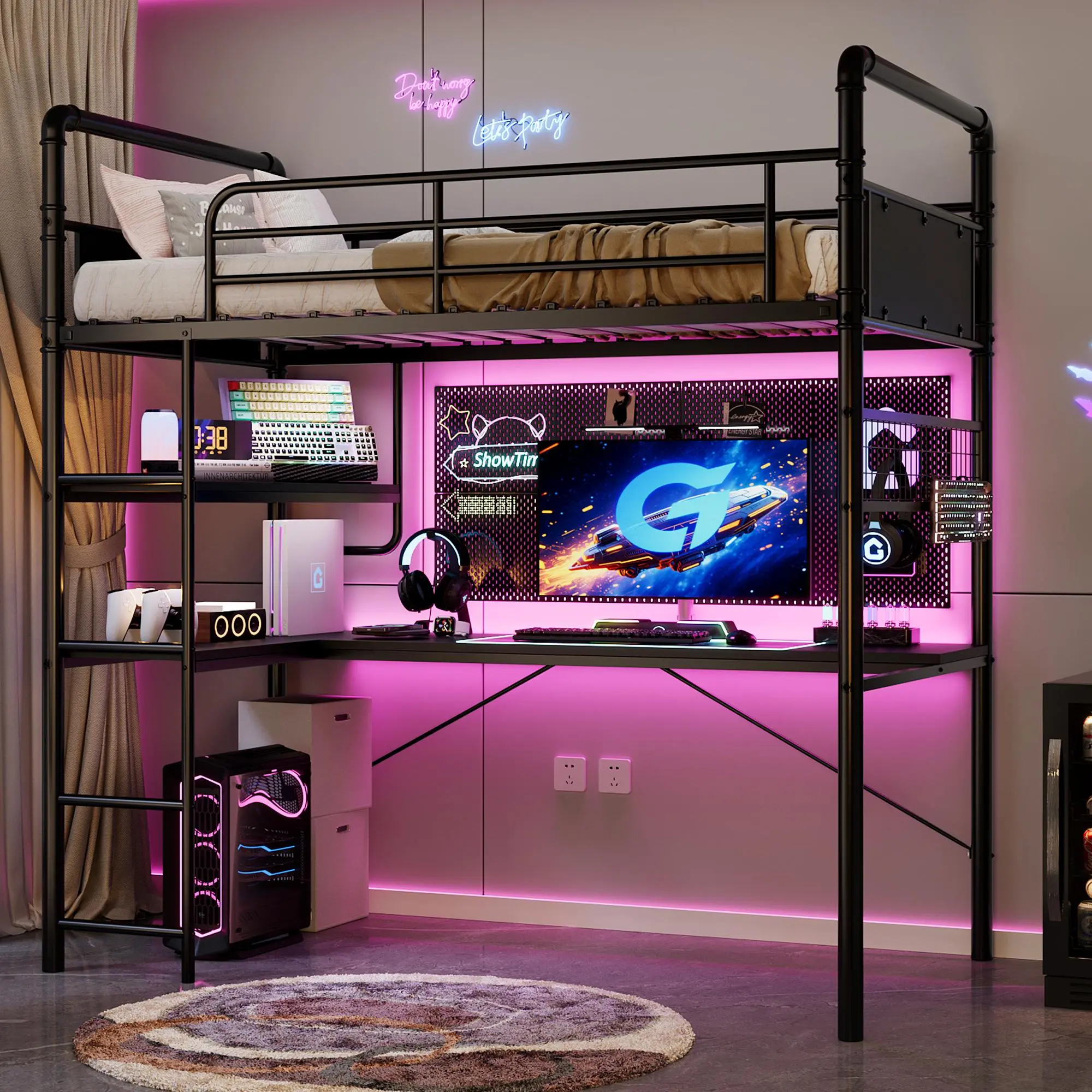 Loft Bunk Bed with L-Shaped Desk Underneath, Twin Loft Bed Frame with High Guardrail & Ladder, Heavy Duty Metal Bunk Beds for Kids, Teens, Adults, Noise Free