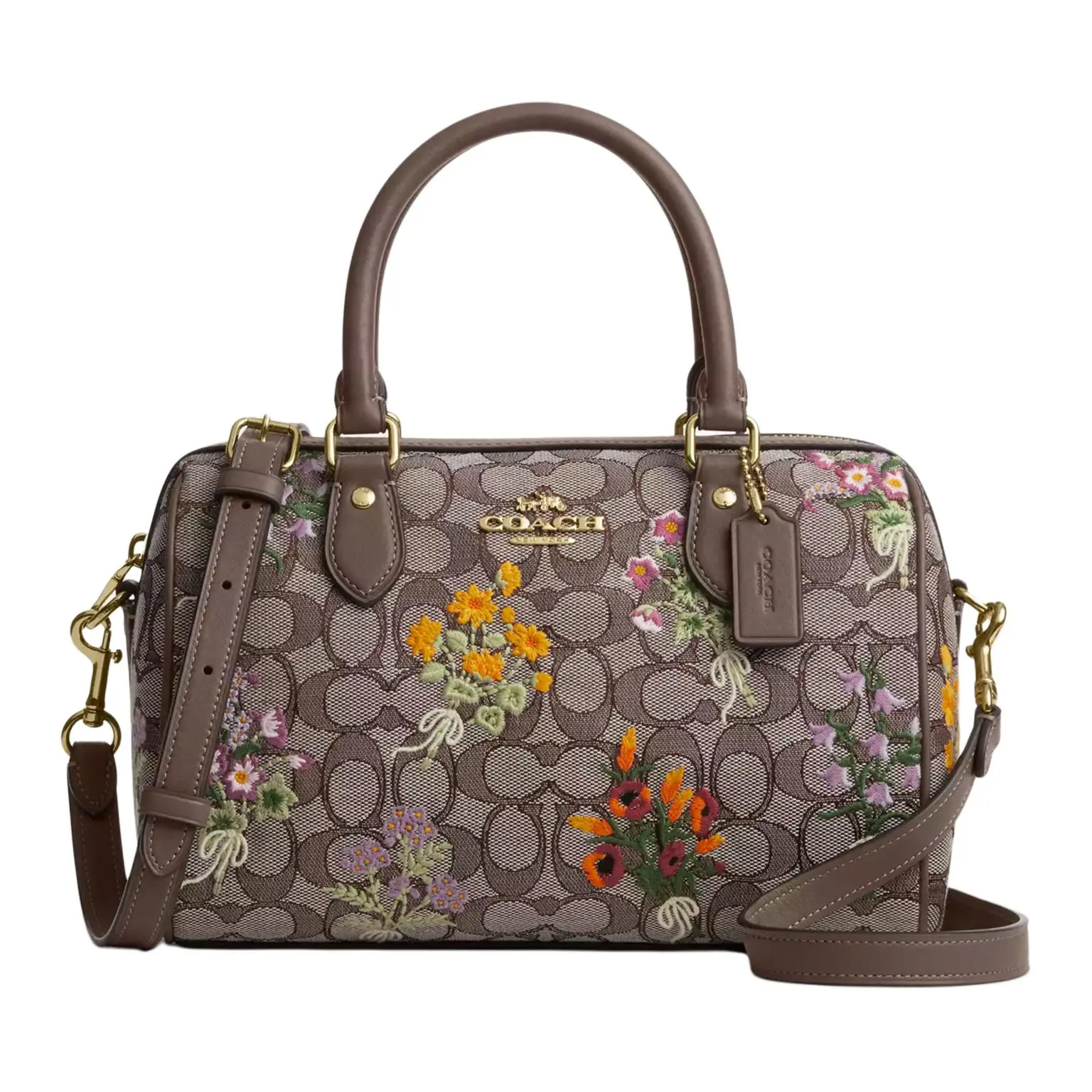 COACH Rowan 25 Floral Embroidered Boston Tote Bag for Women, Jacquard and Leather, Medium Size, Oak Color