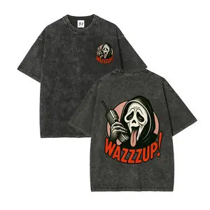 Acid Washed Oversized Y2K Graphic T-Shirt, Double Sided Hooded Skull Circle Retro Phone Bold Red Slogan Front & Back Print Tee, Vintage Grunge Streetwear, 100% Cotton Unisex Short Sleeve Shirt