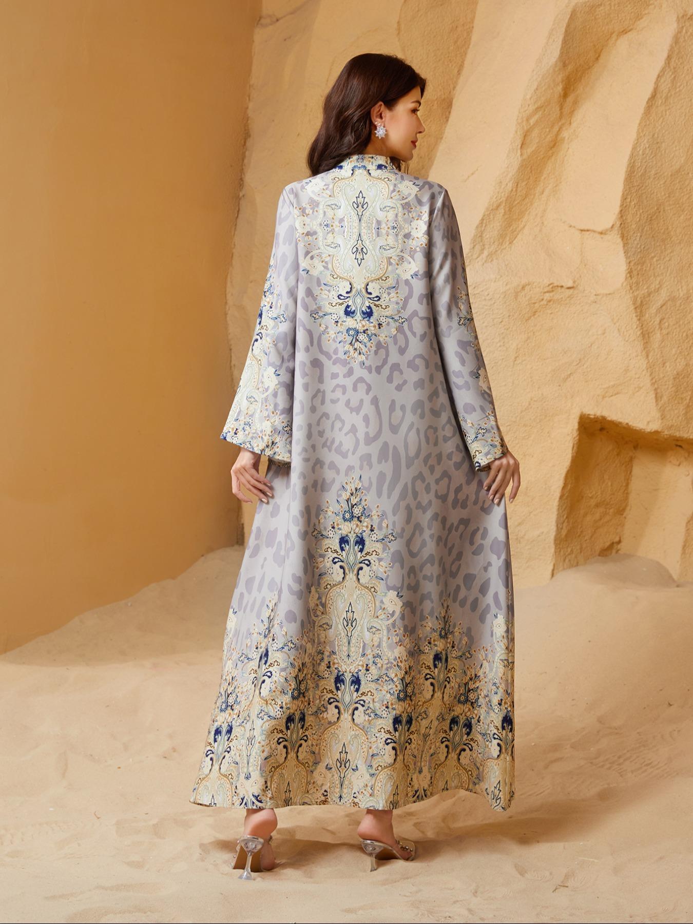 Women's Traditional Ethnic Pattern Faux Pearl Decor Long Dress, Boho Long Sleeve Round Neck Dress for Vacation Holiday Wedding Guest, Ladies Muslim Clothing for All Seasons