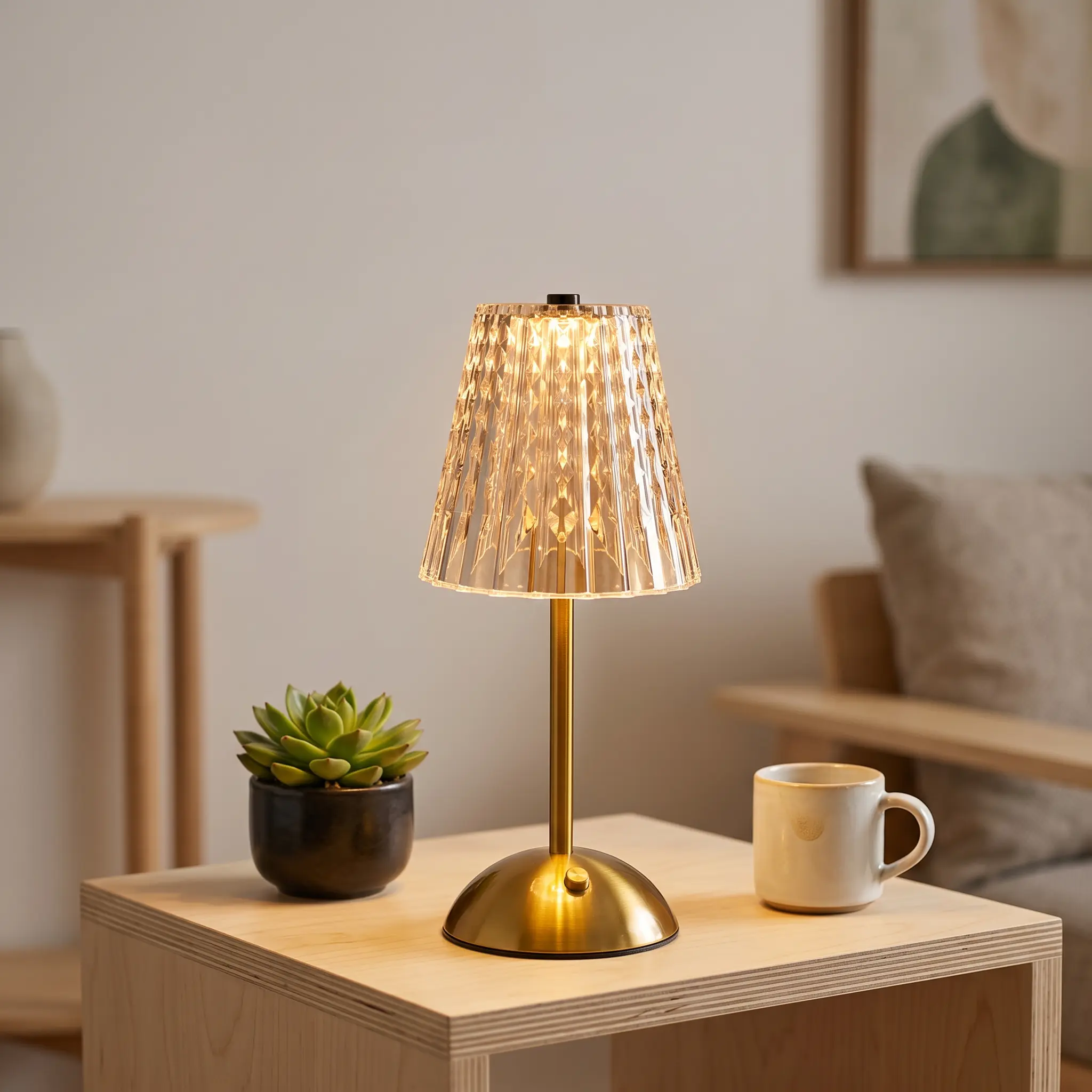 Cordless Golden-Crystal Table Lamp - Modern Stylish Gold Touch Lamp, 4000mAh Rechargeable, 3 Color Changing Modes, Stepless Dimmable, USB-C Port LED Ambient Light, Rental Friendly Small Space Lighting for Bedroom, Living Room