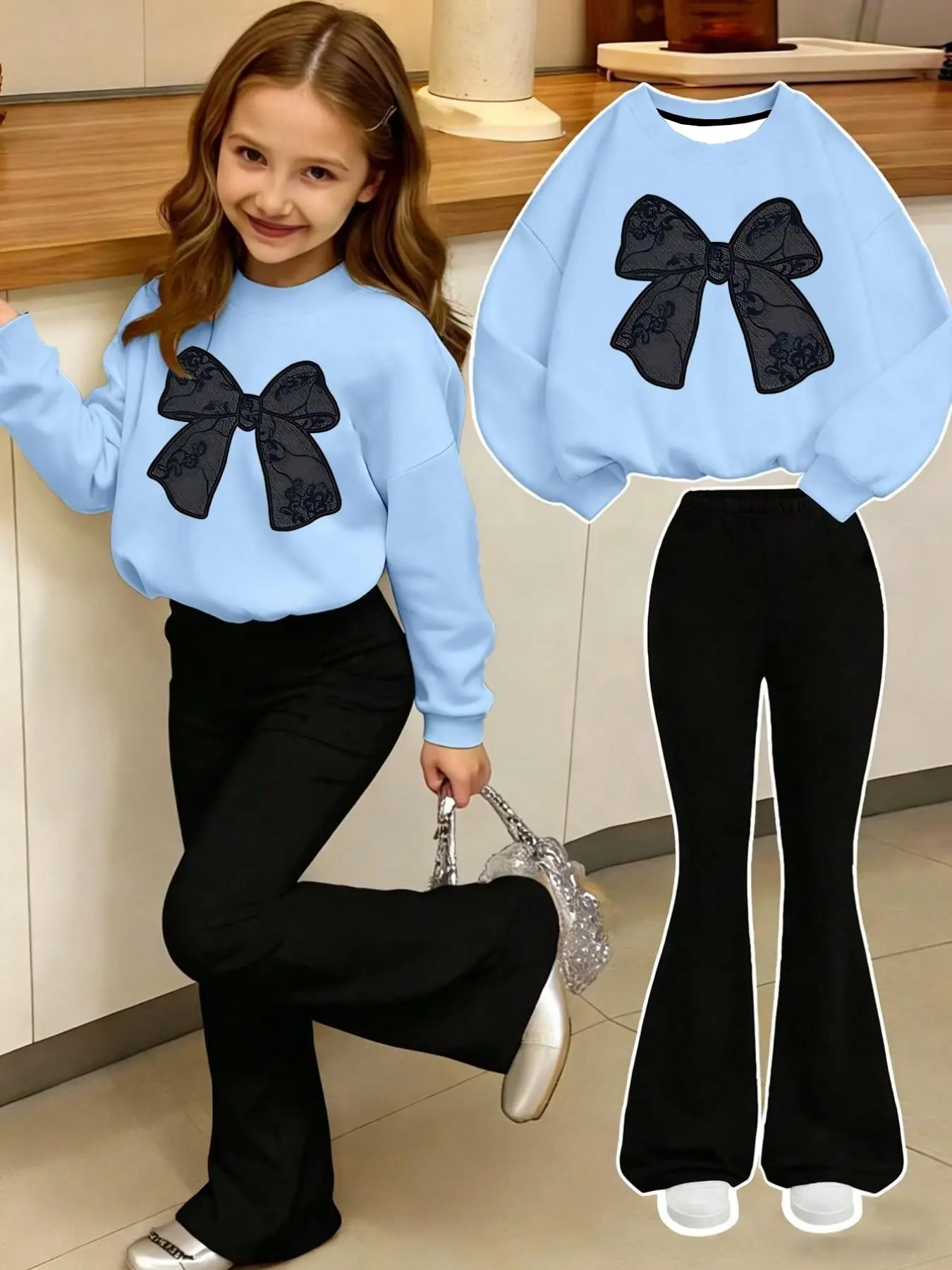 Girls' Bow Sweatshirt Set, Korean Style Softness, Elastic Micro Flare Pants, Daily School Outing Wear, Fall & Winter Casual Suit, Cute Clothing Set