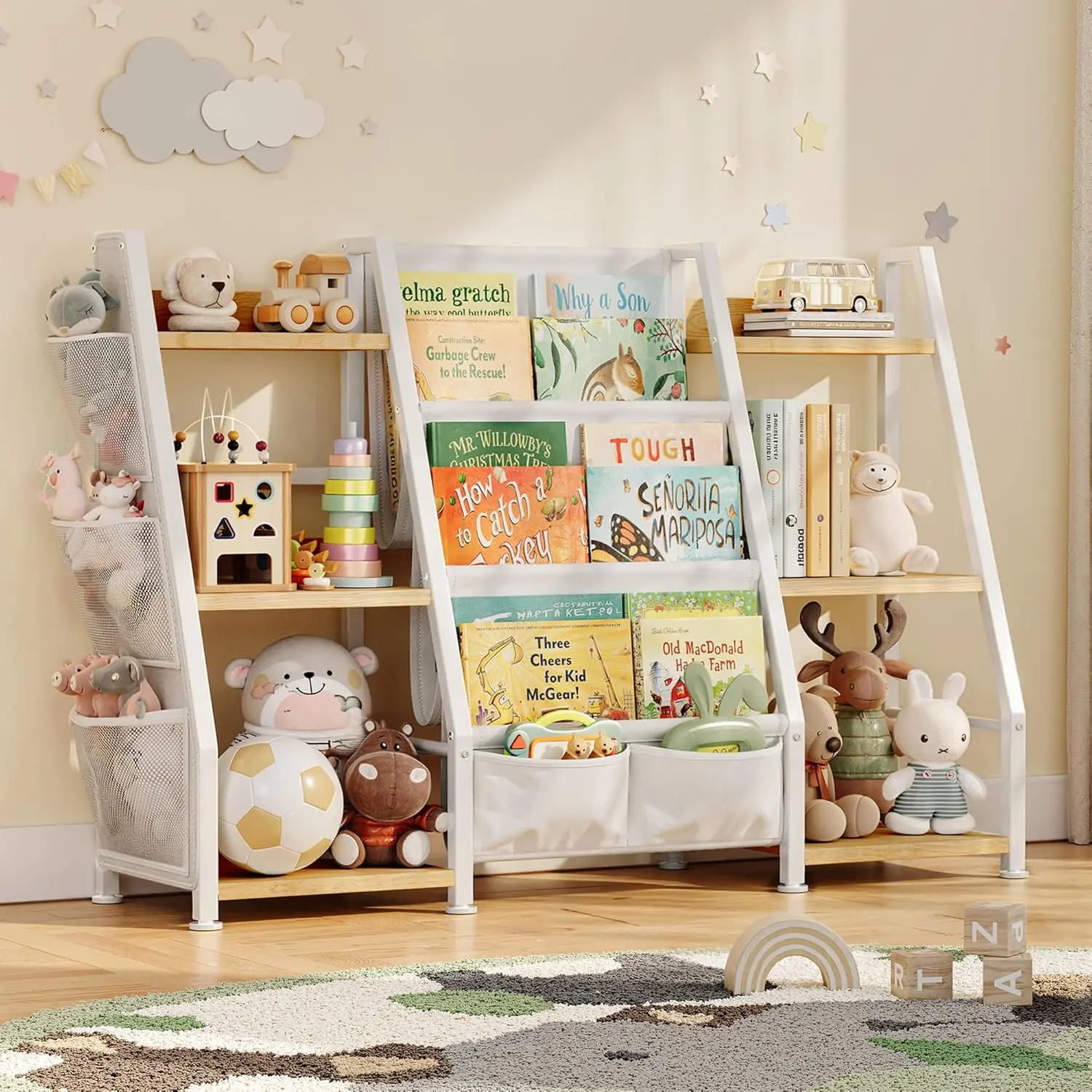 Durable Heavy-Duty Metal Toy Organizer Rack Stand with Wooden Rods, Fabric Baskets, Cubby Shelf - Multifunctional Space-Saving Metal Racks for Bedroom Floor Organizing, Large Capacity, Assembly Required