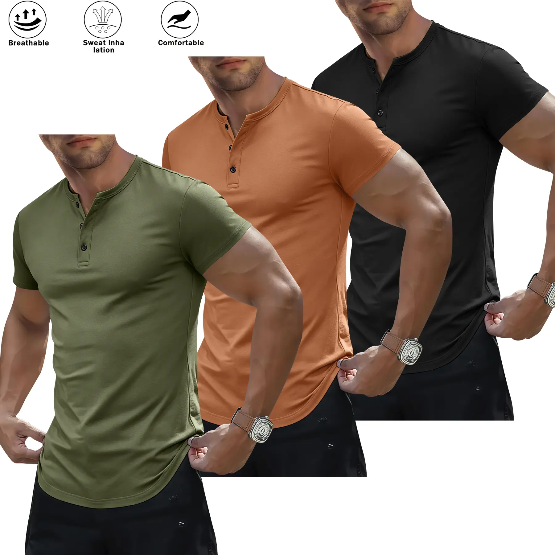 Mult-Pack Men’s Fashion Short Sleeve Henley Shirts, Solid Color, Elastic & Skin-Friendly Fabric, Button Placket Henley Neck Tees; Vintage Y2K Casual Streetwear Basic Tops for Men; Perfect for Daily Hangouts, Basketball, Surfing and All Outdoor Activities;