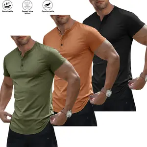 Mult-Pack Men’s Fashion Short Sleeve Henley Shirts, Solid Color, Elastic & Skin-Friendly Fabric, Button Placket Henley Neck Tees; Vintage Y2K Casual Streetwear Basic Tops for Men; Perfect for Daily Hangouts, Basketball, Surfing and All Outdoor Activities;