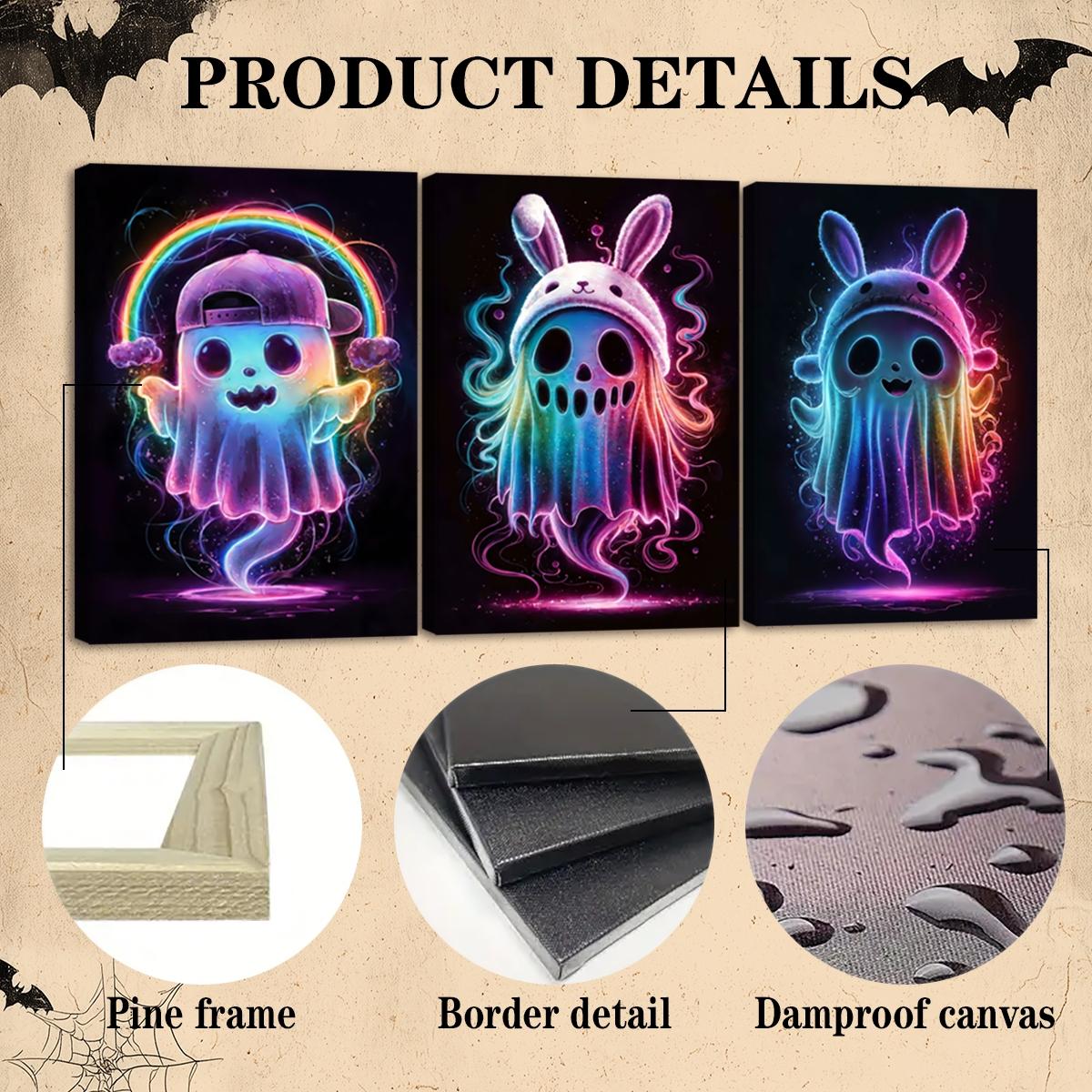3 Counts Wooden Framed Canvas, Rainbow Ghost Poster, Halloween Home Poster, Halloween Party Decorations, Living Room And Bedroom Hanging Paintings, Horror Theme, Interesting Posters, Exquisite Gifts, High-Definition Art