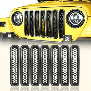 Black Honeycomb Grille Mesh Inserts for Jeep Wrangler TJ & Unlimited 1997-2006| Clip-in Front Grille Guards| Pack of 7| Honeycomb Design Grille Accessories| No Drilling Required