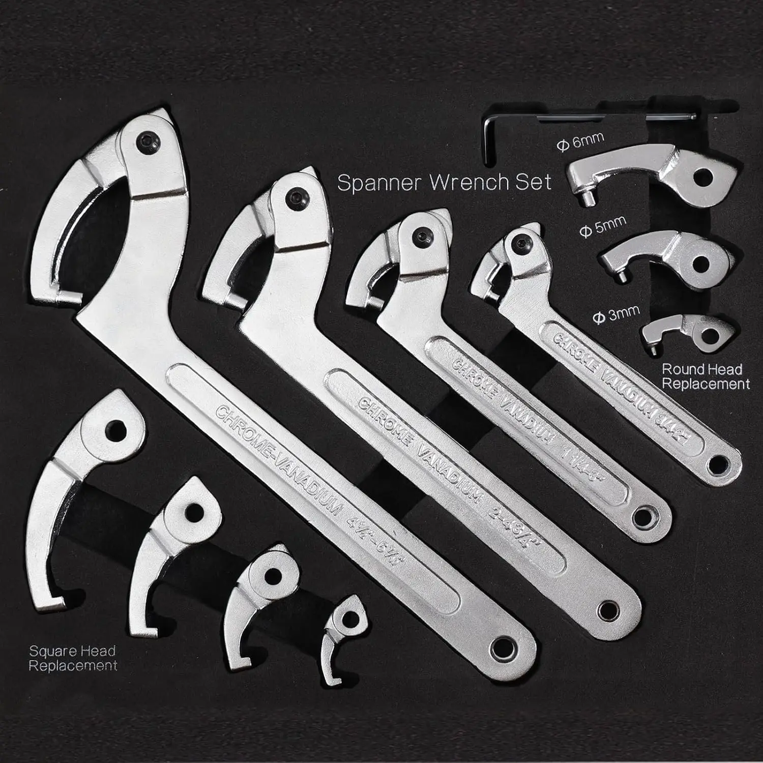 12 count Adjustable Spanner Wrench Sets with Replaceable , C-Shape Pin Hook Wrench Tools for Pipes Heating , Castle Buffer tube Nut Coilover Wrench for Suspension System, 3/4" to 6-1/10"