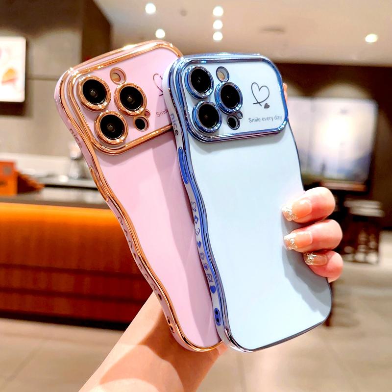 OREKROY [FreeShip] Cute Wave Shape with Love Heart Raised Camera Protection Phone case For iPhone 16 15 14 13 1211 Pro Max Accessories Durable Silicone Shiny Silicone Shiny Wavy