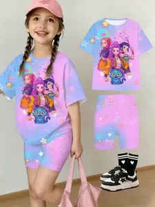 Girls' Summer Dream Girl Group T-Shirt and Shorts Set, Gradient Nebula Star Magic Cartoon Print, Casual Loose Fit, Perfect Gift for Outdoor Wear, Summer Clothing Set