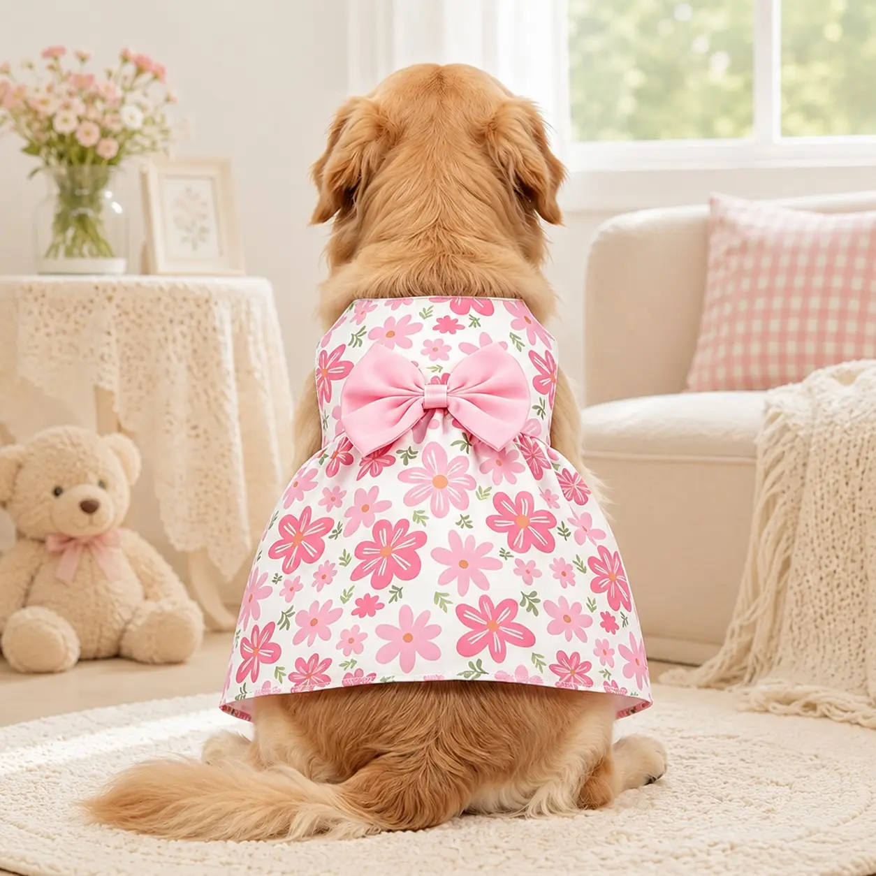Girls' Floral Summer Dog Dress, Princess Bow Design, Cute Pet Clothes for Small Dogs, Boys and Girls, Cat and Dog Apparel