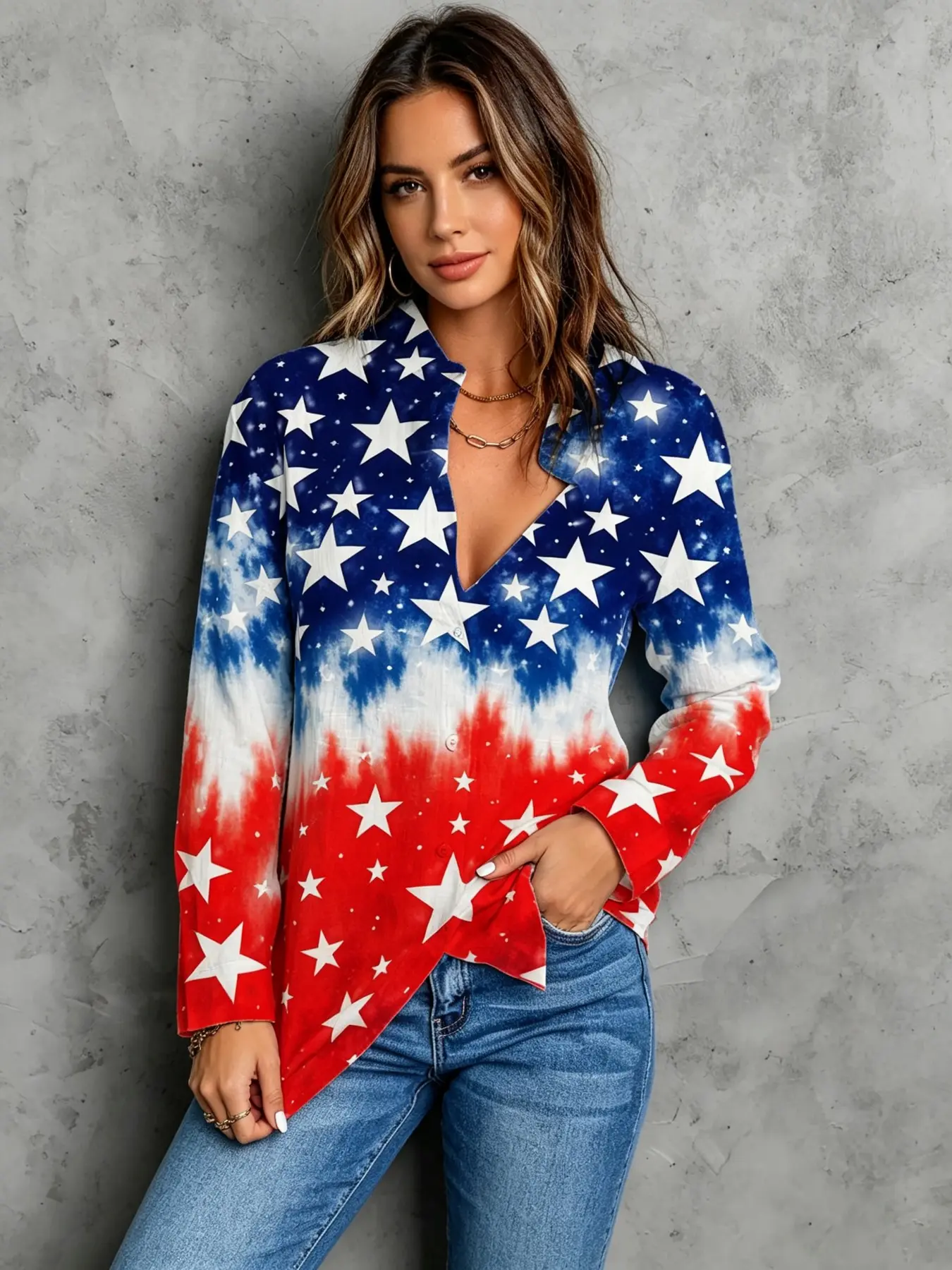 2026 New Women's Blue Tie Dye Gradient Full Star Long Sleeve Shirt, American Independence Day Five Pointed Star Collar Blouse