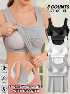 3-Pack Women's Stretch Ribbed Sports Vest - Integrated Bra with Built in Padded Tank Top,U-Neck Wide Shoulder Strap,Comfortable  Breathable, Suitable for Yoga, Gym Workouts, or Everyday Casual Wear, Suitable for All Seasons