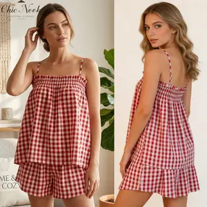 Women's Plaid Gingham Lounge Outfits Ruffle Flowy Tank Tops and  Wide Leg Shorts Sets