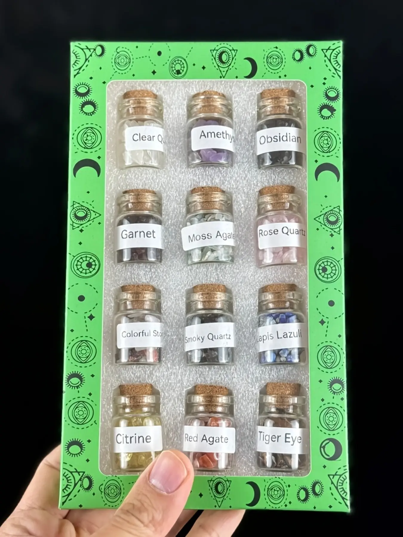 12kinds Crystal Gemstone Bottles, 12pcs Crystal Stone Chip Bottles Set, Natural Stones, natural crystal pieces, Crystal Gift, Crystal Wishing Bottle