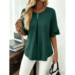 Elegant Fashion Summer Loose Solid Round Neck Button-Up Shirt Flared Sleeve Ruffle Top