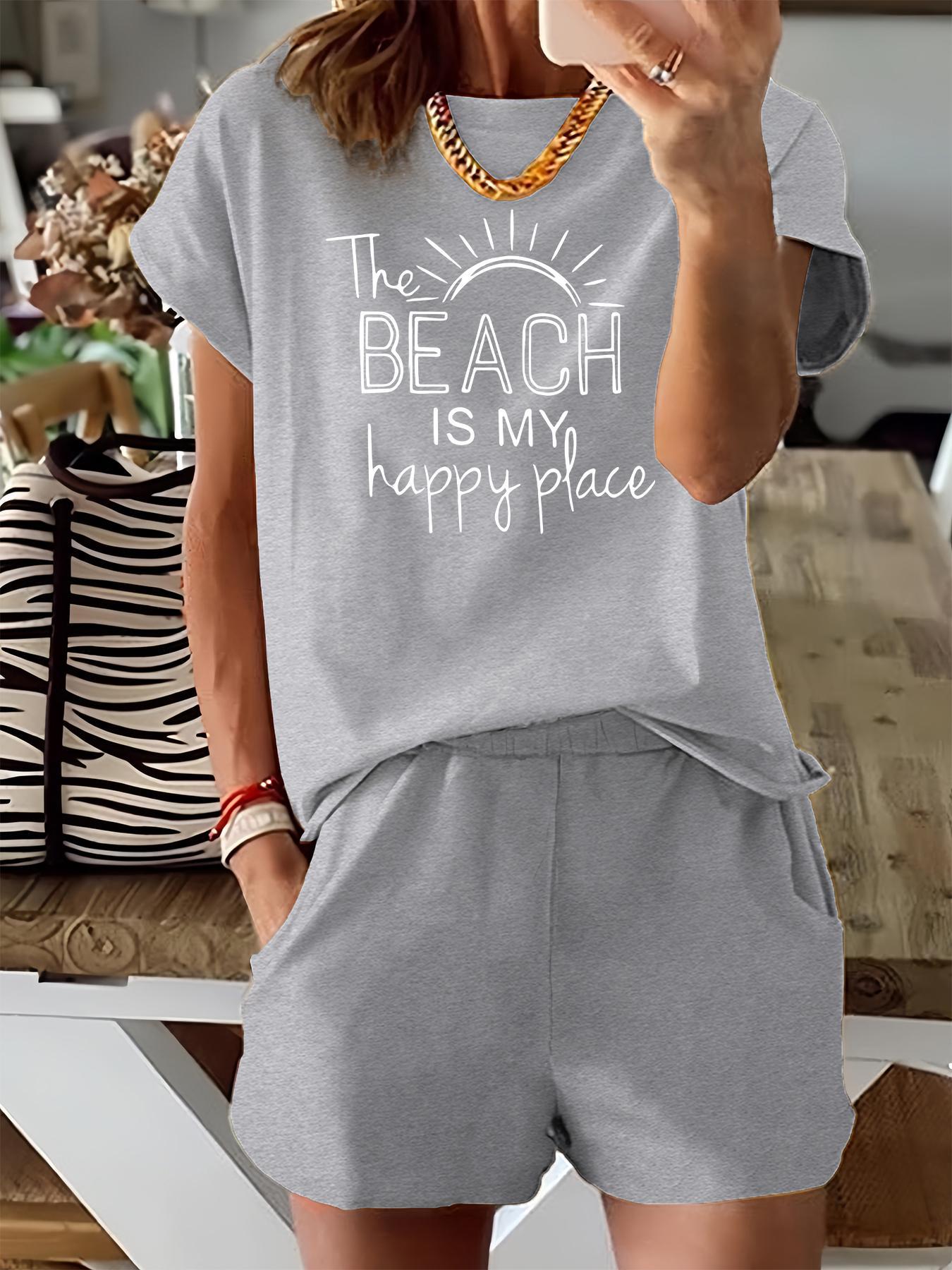Two-Piece Set Women's Letter Sun Print Short Sleeve Tee & Elastic Waist Shorts, Casual Round Neck T-shirt & Pocket Shorts for Summer, Ladies Clothes for Beach Vacation