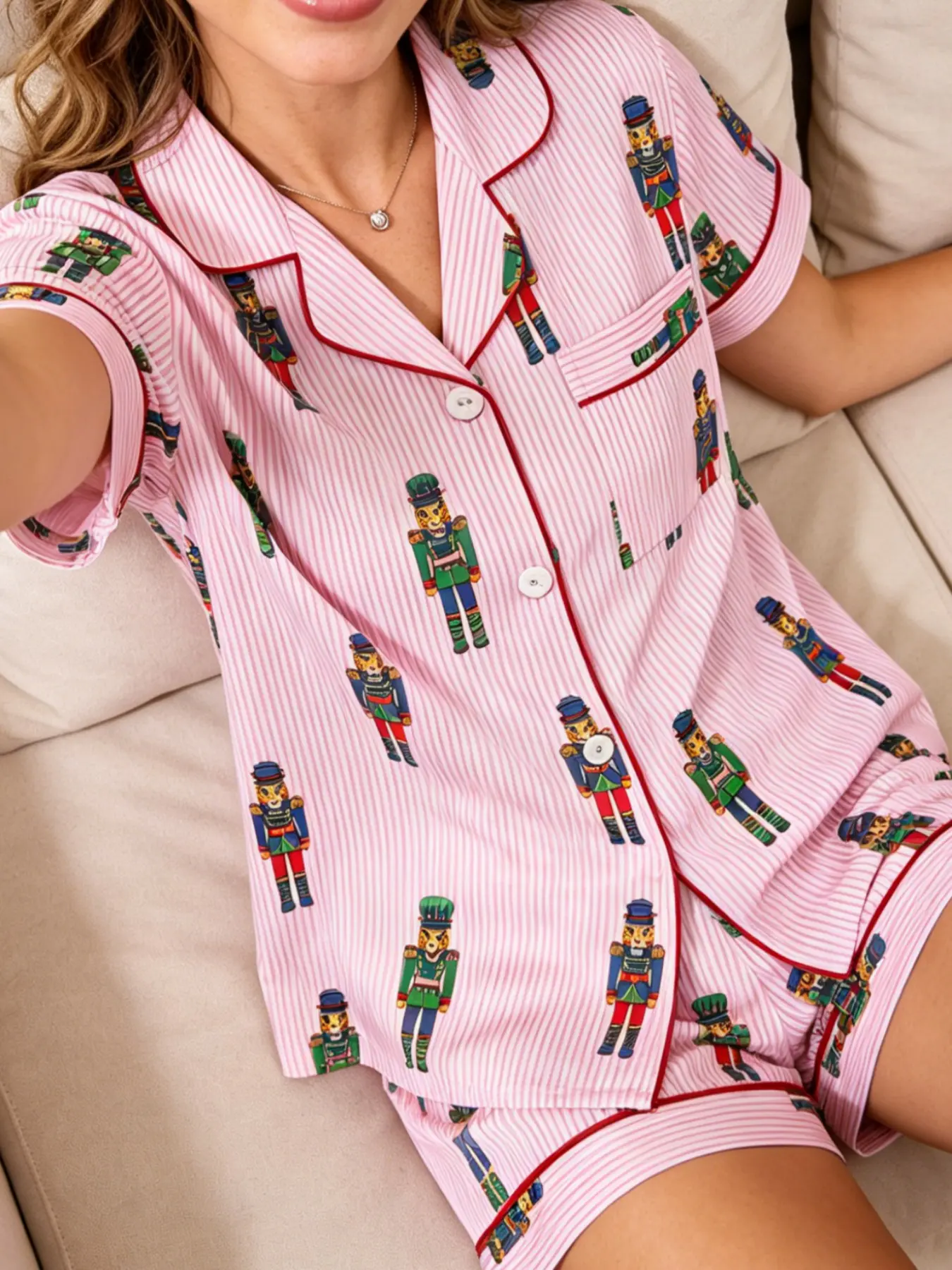 Women's 2 Piece Short Sleeve Pajamas Set Whimsical Festive Preppy Nutcracker Tiger Striped Print Summer Lightweight Button Down Lapel Collar Contrast Trim Milk Silk Silky Breathable Loose Fit Casual Chic Soft Cozy Novelty Sleepwear Loungewear Home Daily W