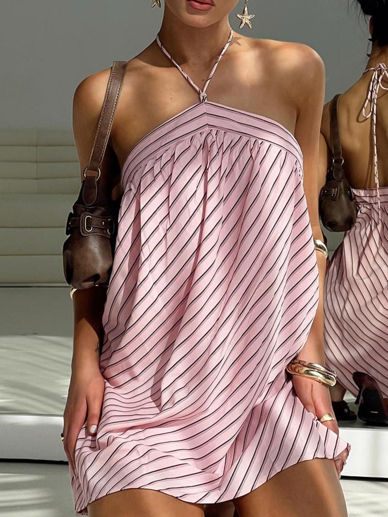 Women's Striped Print Halter Neck Dress, Casual Sleeveless Short Dress for Summer, Beach Holiday Dress, Ladies Clothes for Daily Wear
