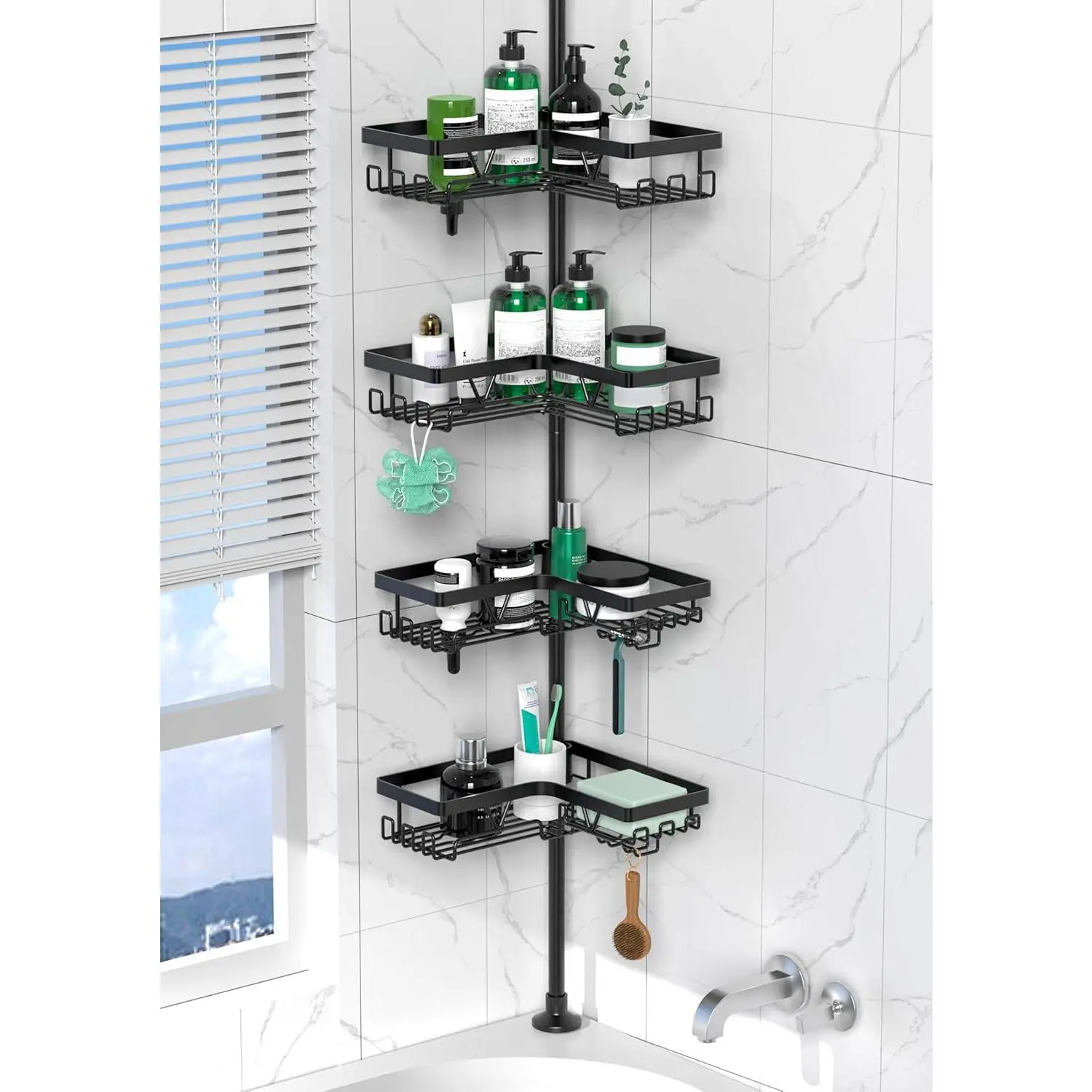 Black 4-Tier Rustproof Stainless Steel Waterproof Corner Shower Caddy Tension Pole - Adjustable 25-114.2 in Organizer Shelves for Bathtub, Bathroom Home Storage Organizer, Water Proof
