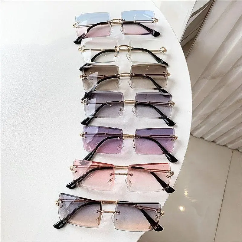 Ultra Light Rimless Square Sunglasses for Men and Women – Small Frame Cut Edge Fashion Shades, Minimalist Korean Style UV Protection Sun Glasses, Trendy Unisex Eyewear