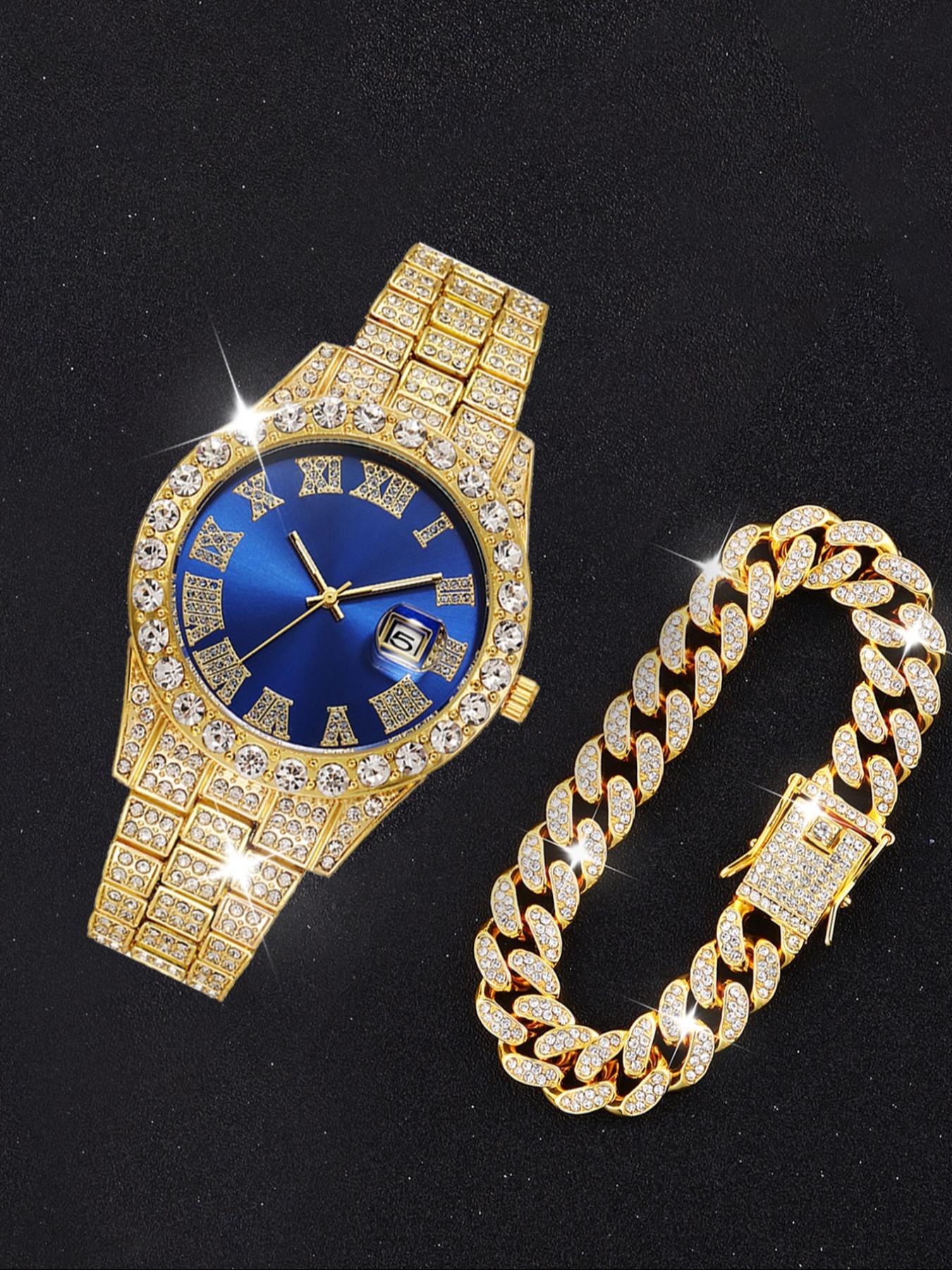 Men's Luxury Rhinestone Decorated Quartz Watch & Jewelry Set, Including Round Dial Watch & Bracelet & Necklace, Fashion Watch Set for Party, Daily Decor