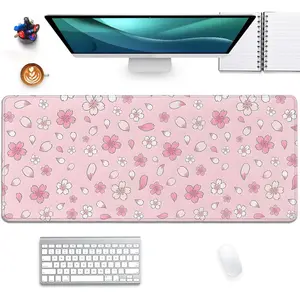 Cherry Blossoms Extended Desk Pad  Pad,Large Gaming Floral  Mat with Stitched Edges,Non-Slip Rubber Base Mousepad for Office  Keyboard Laptop (27.5X11.8 in)