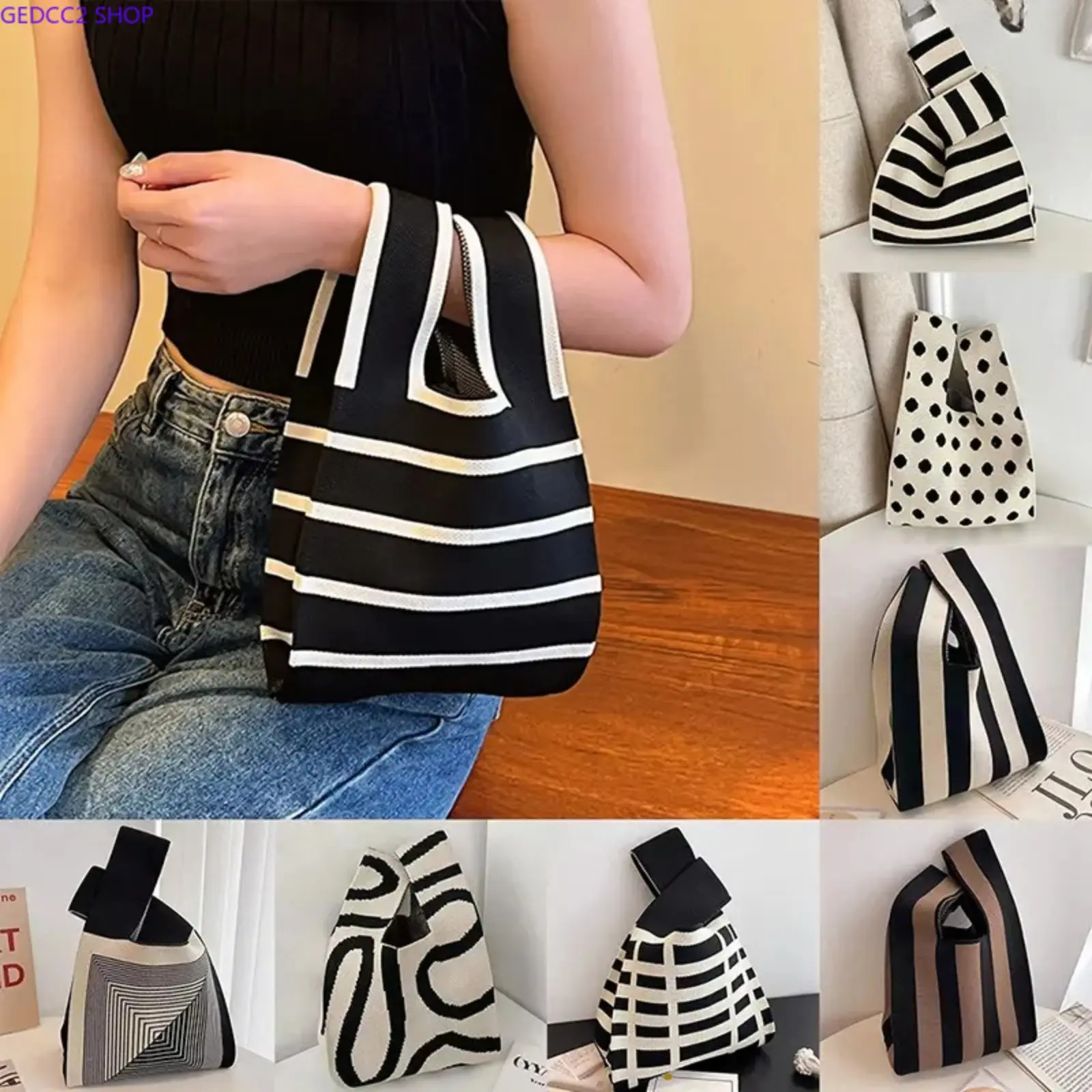 Women's Lightweight Knitted Fabric Mini Tote Bag - Cute Knot Handle Casual Shoulder Bag, Ideal for Shopping, Casual Outfits & Camping Hiking Hammock Use, Bags