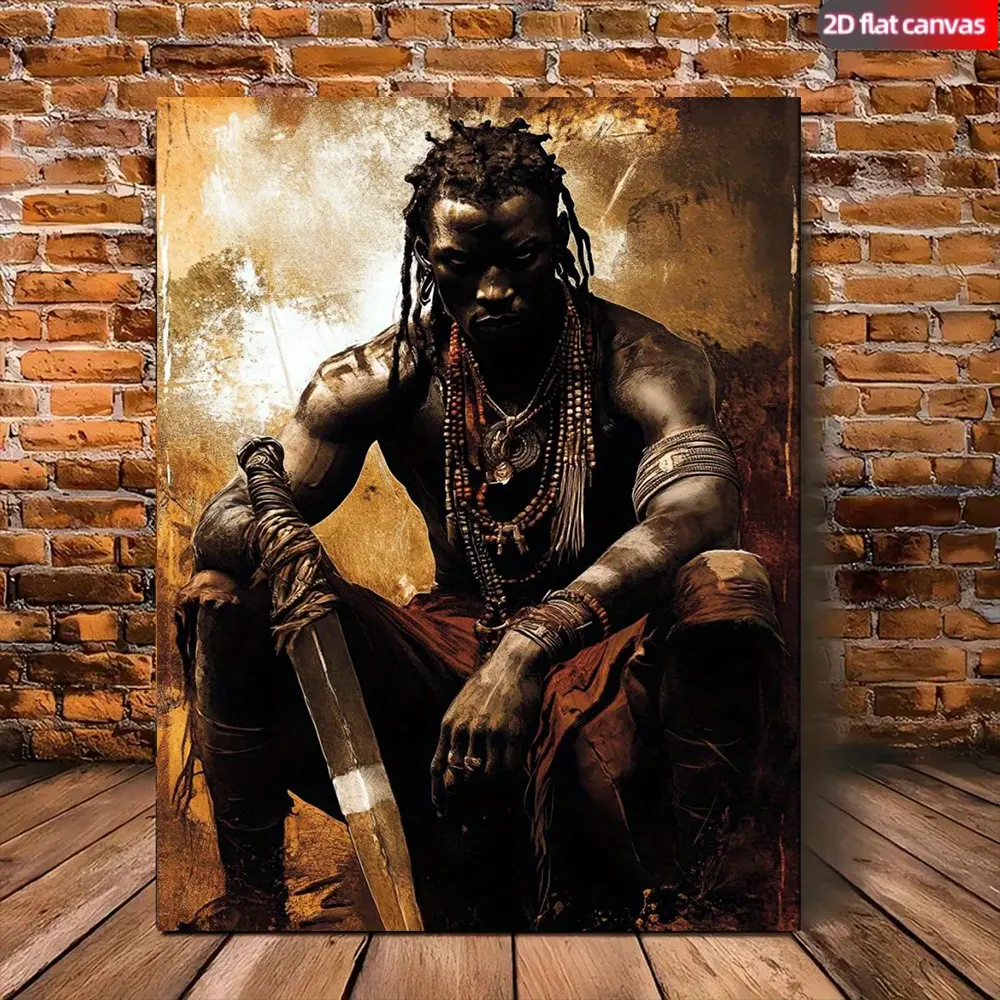 1-Piece Framed 2D African Warrior Canvas Wall Art, Tribal Decor Artwork with Waterproof Wooden Frame, Ready-to-Hang Home Decor Poster for Bedrooms, Offices, Ideal Gift