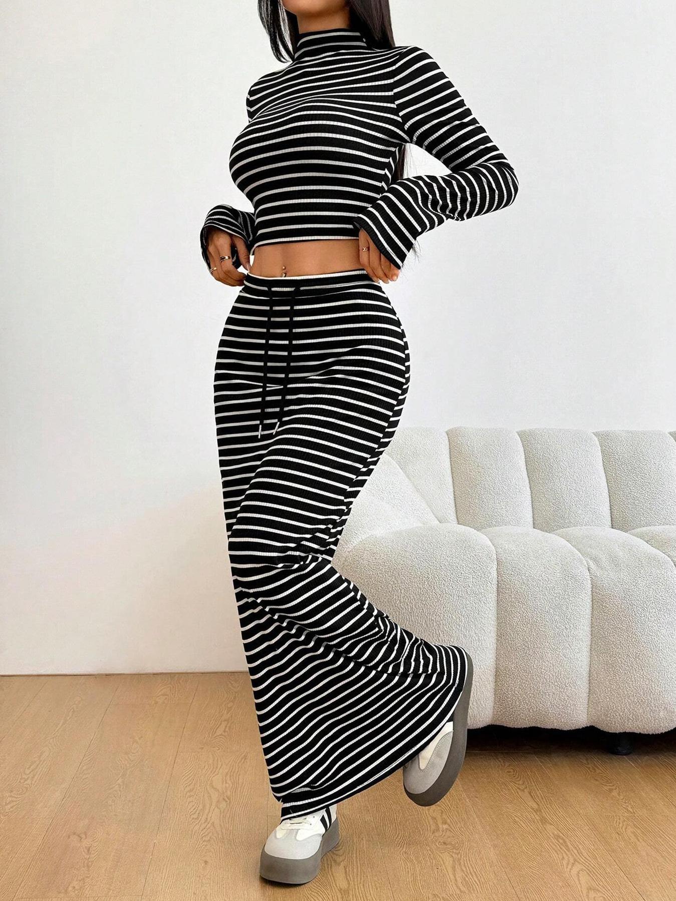 Women's Striped Print Long Sleeve Top & Skirt Two-Piece Set, Elegant Casual Outfits for Daily Outdoor Wear, Women's Clothes for All Seasons, Airport Outfit