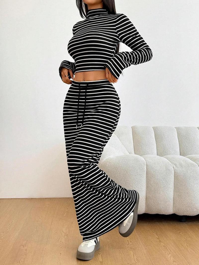 Women's Striped Print Long Sleeve Top & Skirt Two-Piece Set, Elegant Casual Outfits for Daily Outdoor Wear, Women's Clothes for All Seasons, Airport Outfit