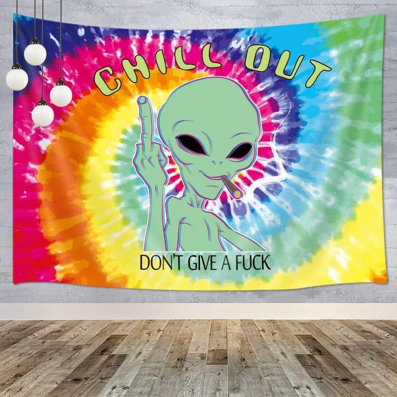 Trippy Fun Alien Tapestry Weed Marijuana Smoking Wall Tapestry for Bedroom, Psychedelic Tie Dye Stoner Tapestries for Men Aesthetic Hippie Wall Art Poster Dorm Home Decor. Multiple sizes are available for selection.