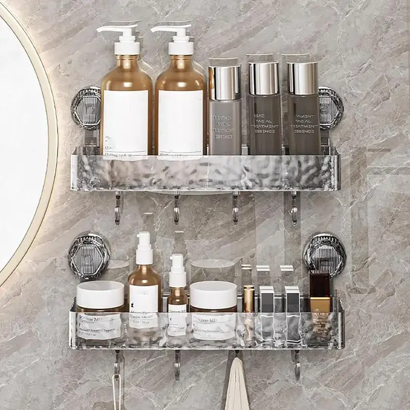2pcs Rectangle Punch-Free Suction Cup Shelves with Hooks - Durable Light Luxury Innovative Hollow Glacier Pattern Shower Organizer, Toiletry Organizer for Bathroom & Kitchen, Innovative Hollow Design, Toiletry Shower Organizer