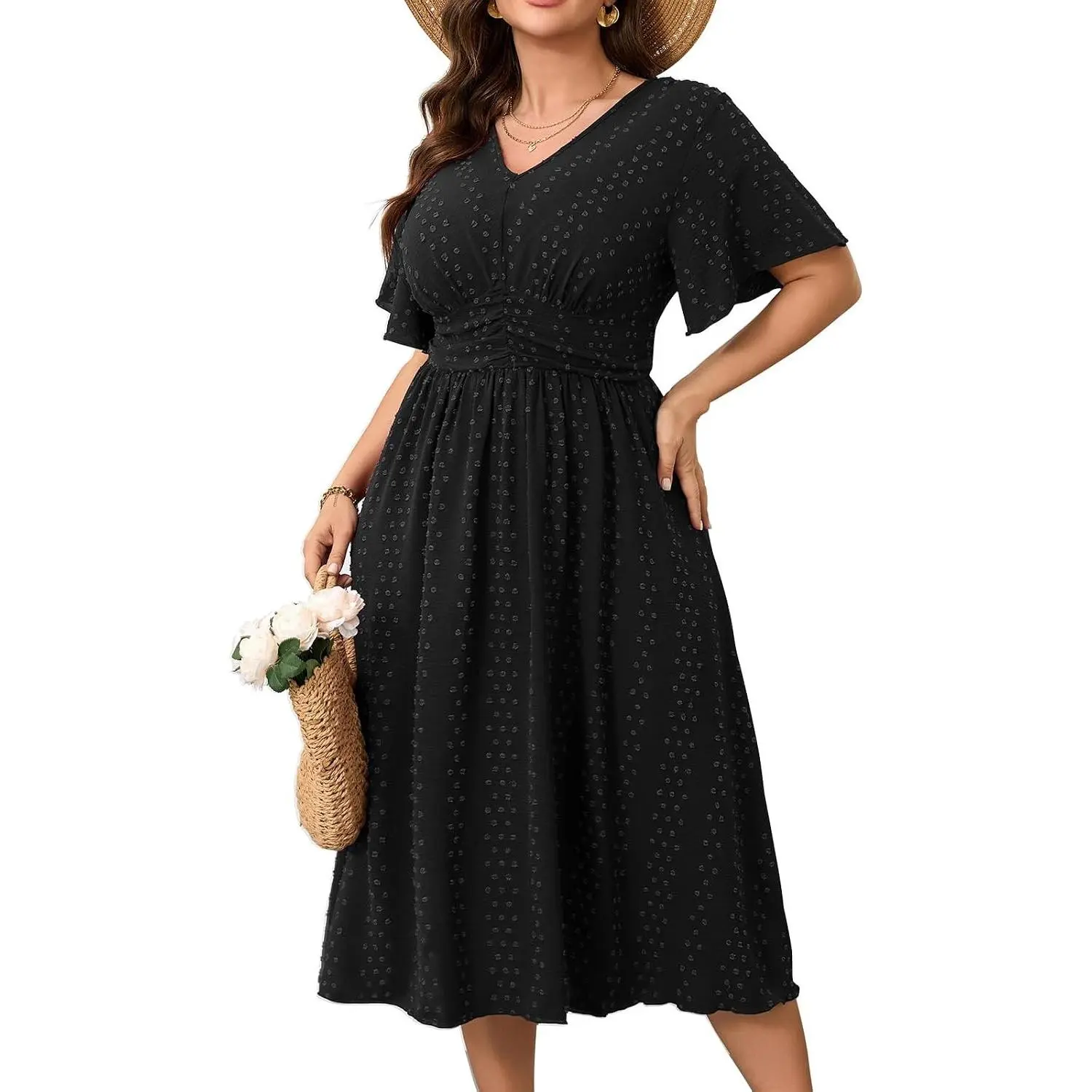 Women's Plus Size Maternity Swiss Dot Maxi Dress - V-Neck, Short-Sleeve, A-Line, High-Waist, Cute, Lightweight Boho Casual Summer Swing Dress
