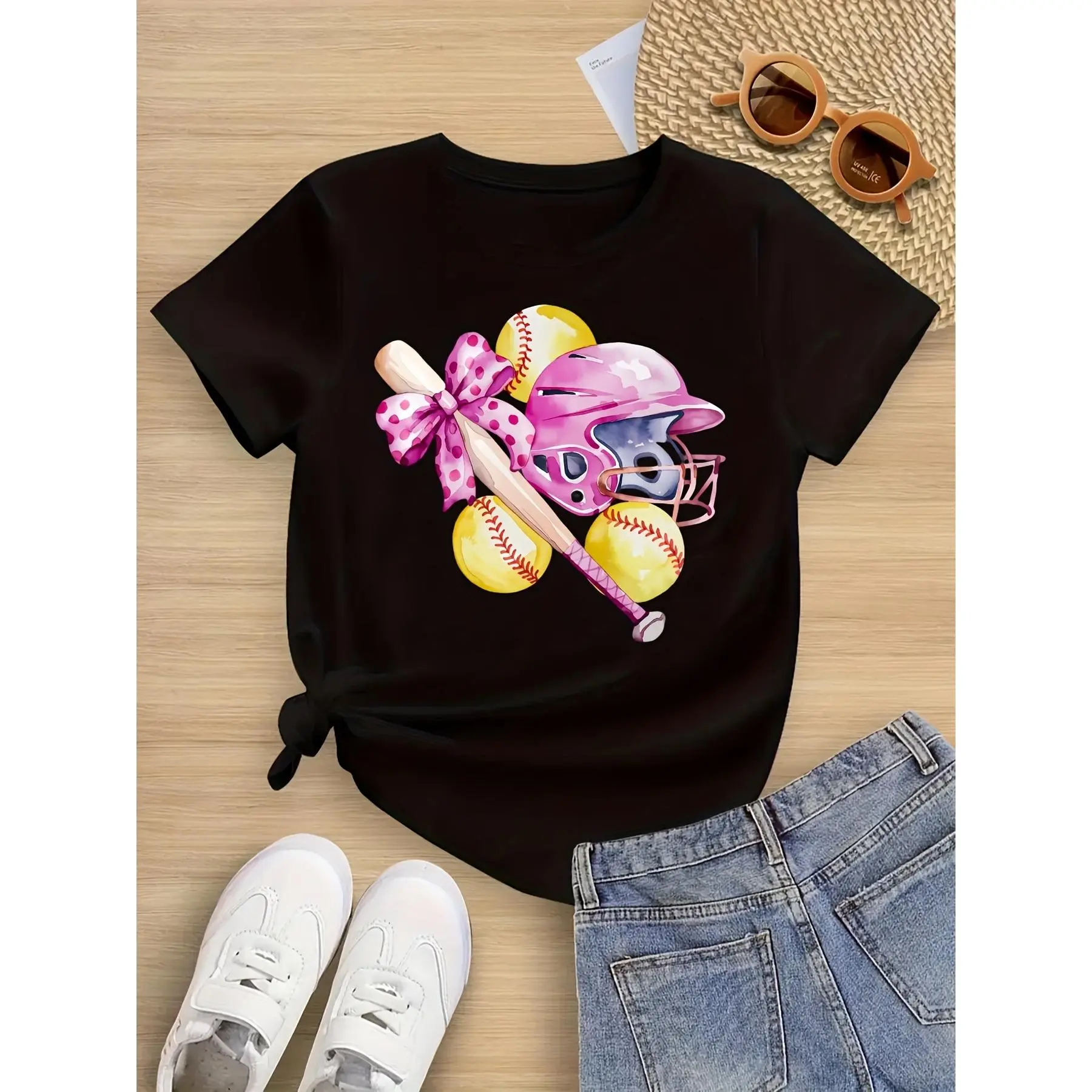 1PC Softball-Themed T-Shirt - Pink Helmet, Bat & Ball Design |   Soft Breathable Cotton Loose Fit Casual Summer Tee with Softball Graphics for Sports Apparel, Practice & Casual Wear (Crew Neck Short Sleeve)