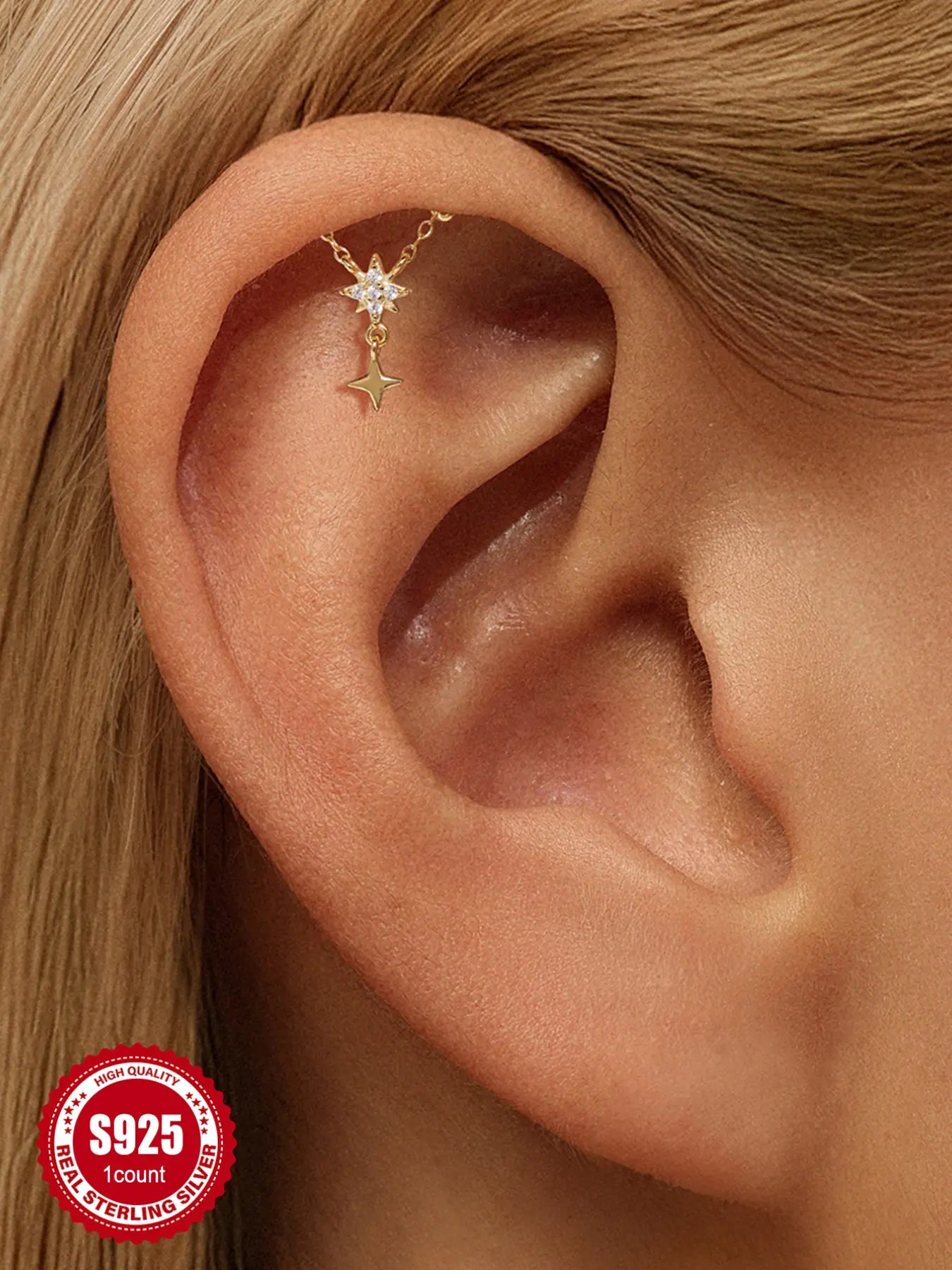 Waterproof 18K Gold Plated S925 Sterling Silver Starburst Earring | 1PC Sparkly CZ Diamond Eight Point Star Chain Tassel Flatback Stud | Tarnish Free Sleep Safe Cartilage Helix Piercing | Hypoallergenic Celestial Stacking Gift