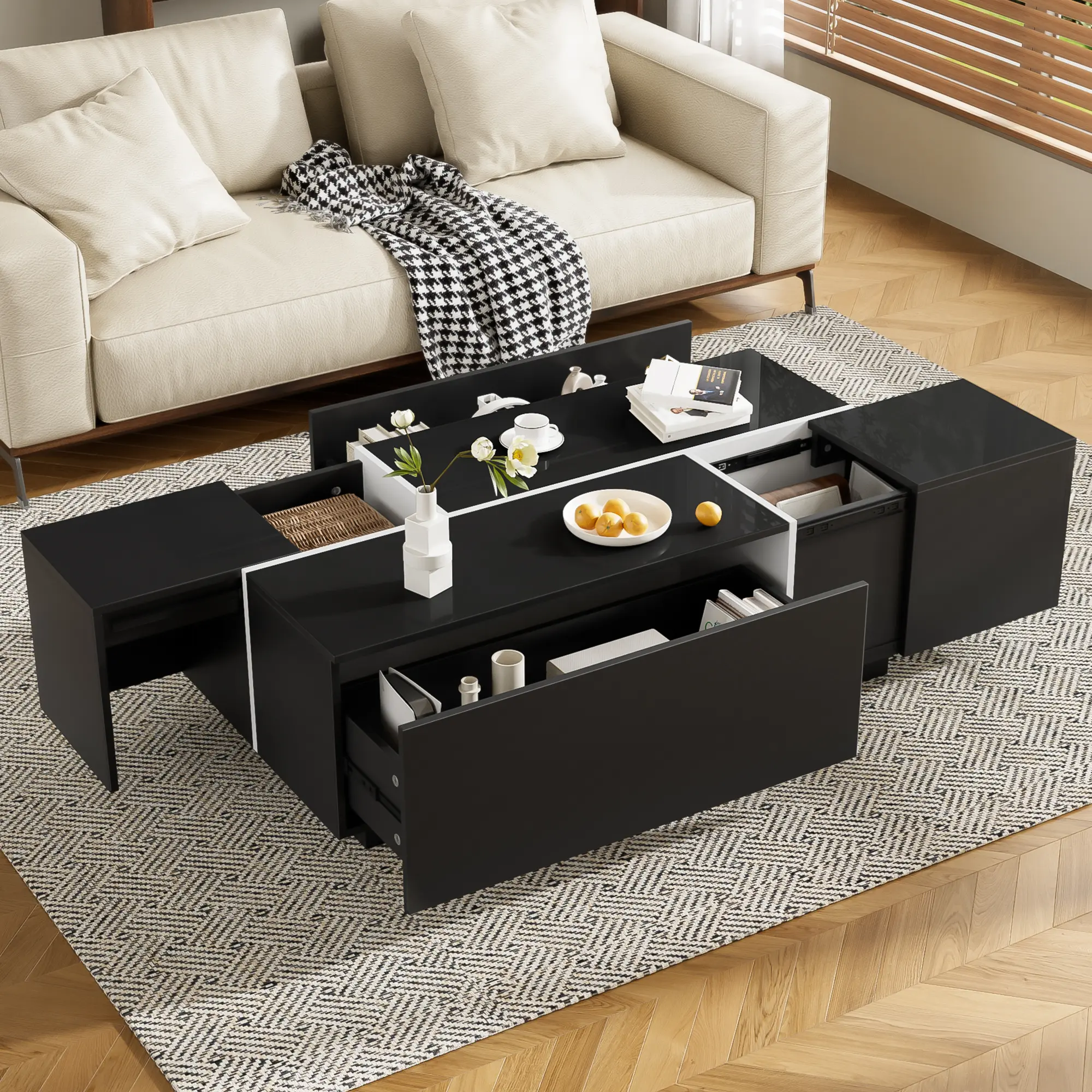 ARCH Extendable Coffee Table 47.2-72.7 inch Multi-Functional High-Gloss Finish Living Room Table with 2 Hidden Storage Compartments and 2 Drawers for Living Room, Home Office, Family Room Furniture, Living Room Table for Sofa Side, Bedroom, Office