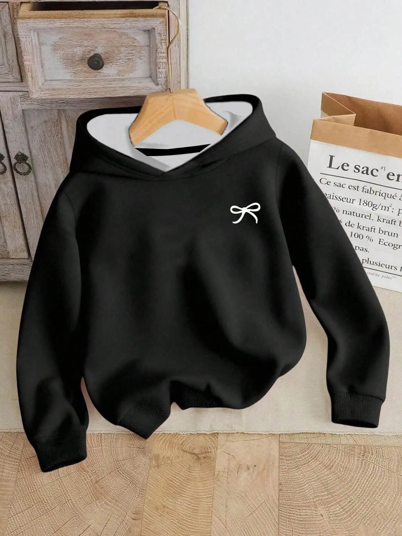 Girls' Hooded Sweatshirt, Minimalist Korean Style, Small Bow Print, Casual Long Sleeve Jumper, Loose Fit, Fall Fashion