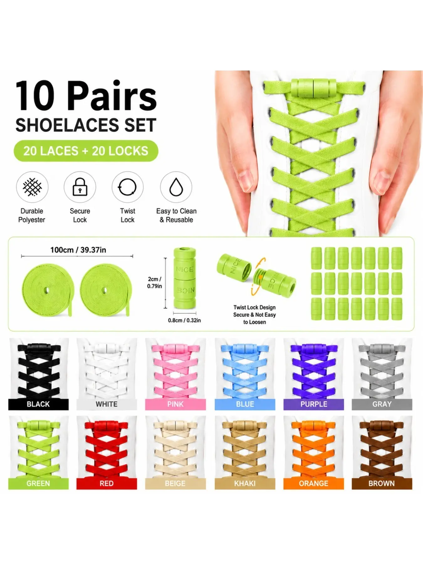 10 Pairs Adjustable Laces with Locks, Elastic Stretch Shoelaces for Kids and Adults, Quick Install Sports Shoes Laces
